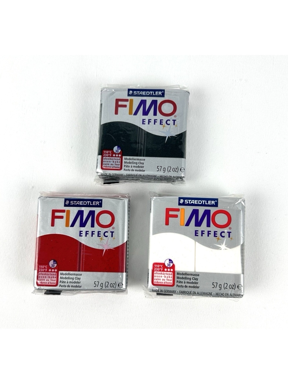 Fimo Effect Polymer Clay Lot of 3 Sparkly White, Black & Red 2 Oz Each